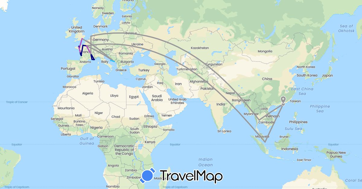 TravelMap itinerary: driving, plane, train, boat in China, France, United Kingdom, Croatia, Netherlands, Singapore, Thailand (Asia, Europe)
